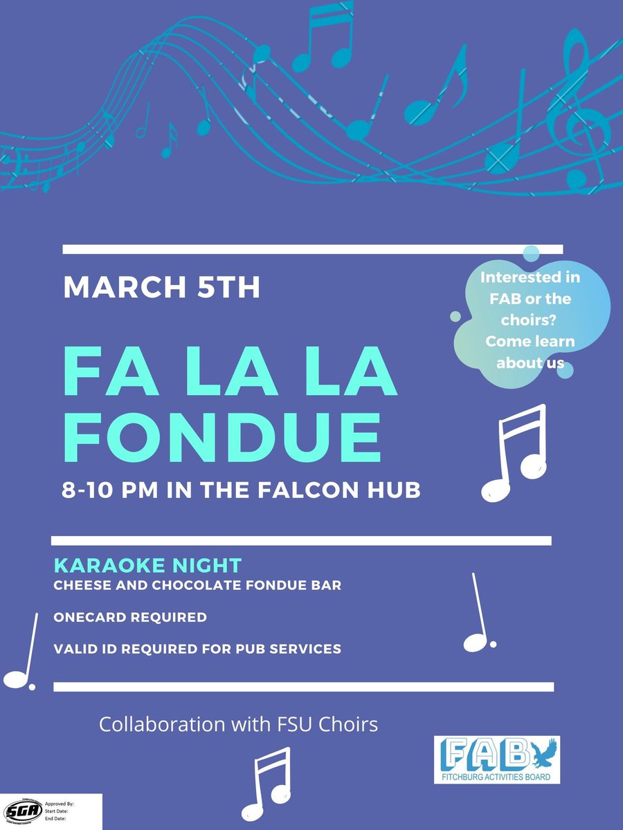 FSUFAB's tweet photo. Karaoke night tonight at 8pm in the Hub!!! Come bring your friends and have some fondue too 🤩 https://t.co/ujyajuaC5s