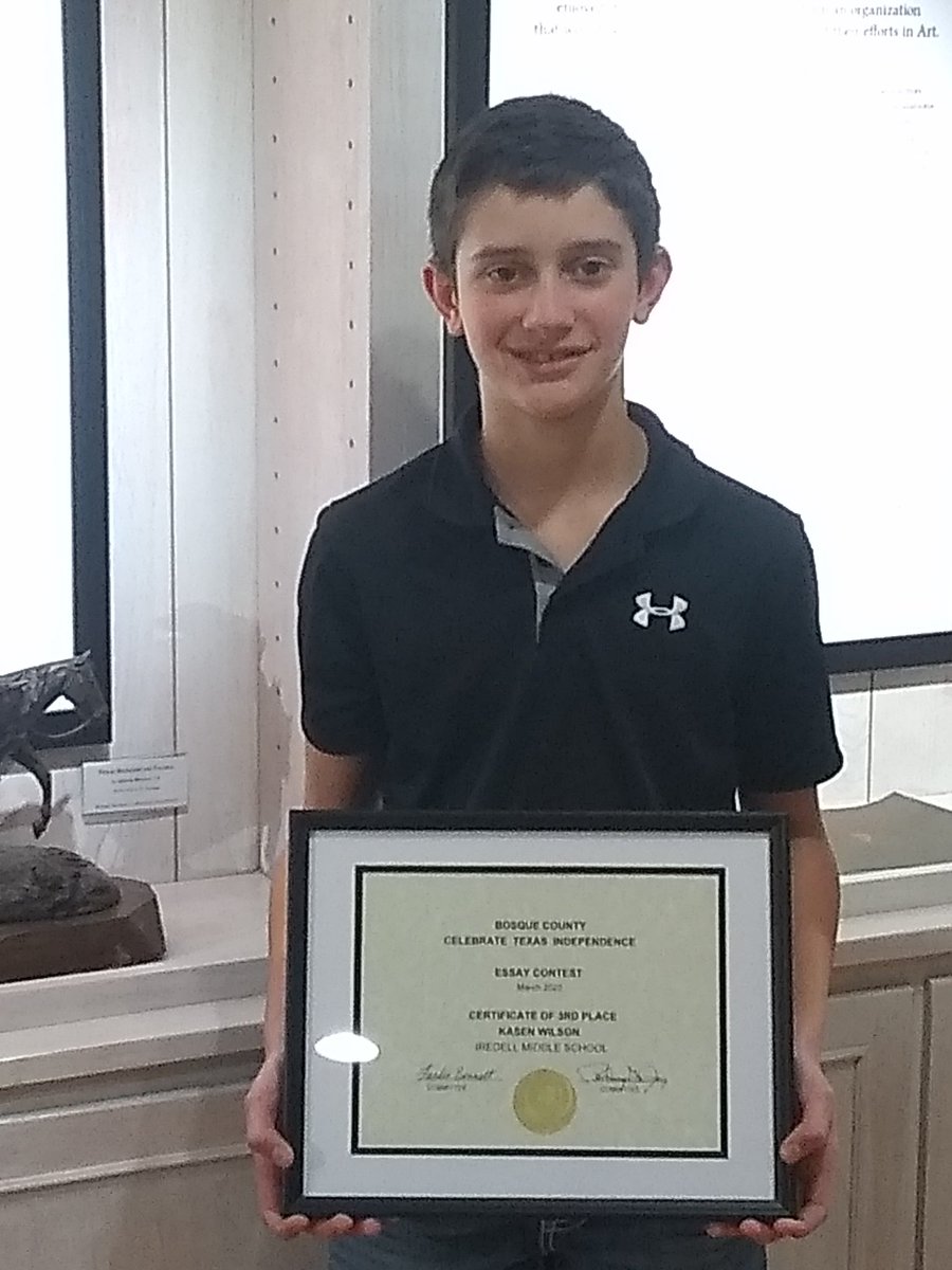 Congratulations to Kasen Wilson 3rd place in the Bosque Texas Independence day  Essay Contest