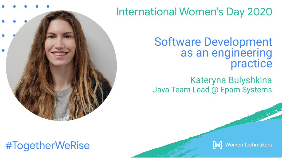WTM_Malaga's tweet image. Kateryna Bulyshkina is a Java developer and Team Leader in @EPAMSYSTEMS

At #IWD2020Malaga she will help us to accelerate our software processes through engineering principles

#swengineering #development #TogetherWeRise