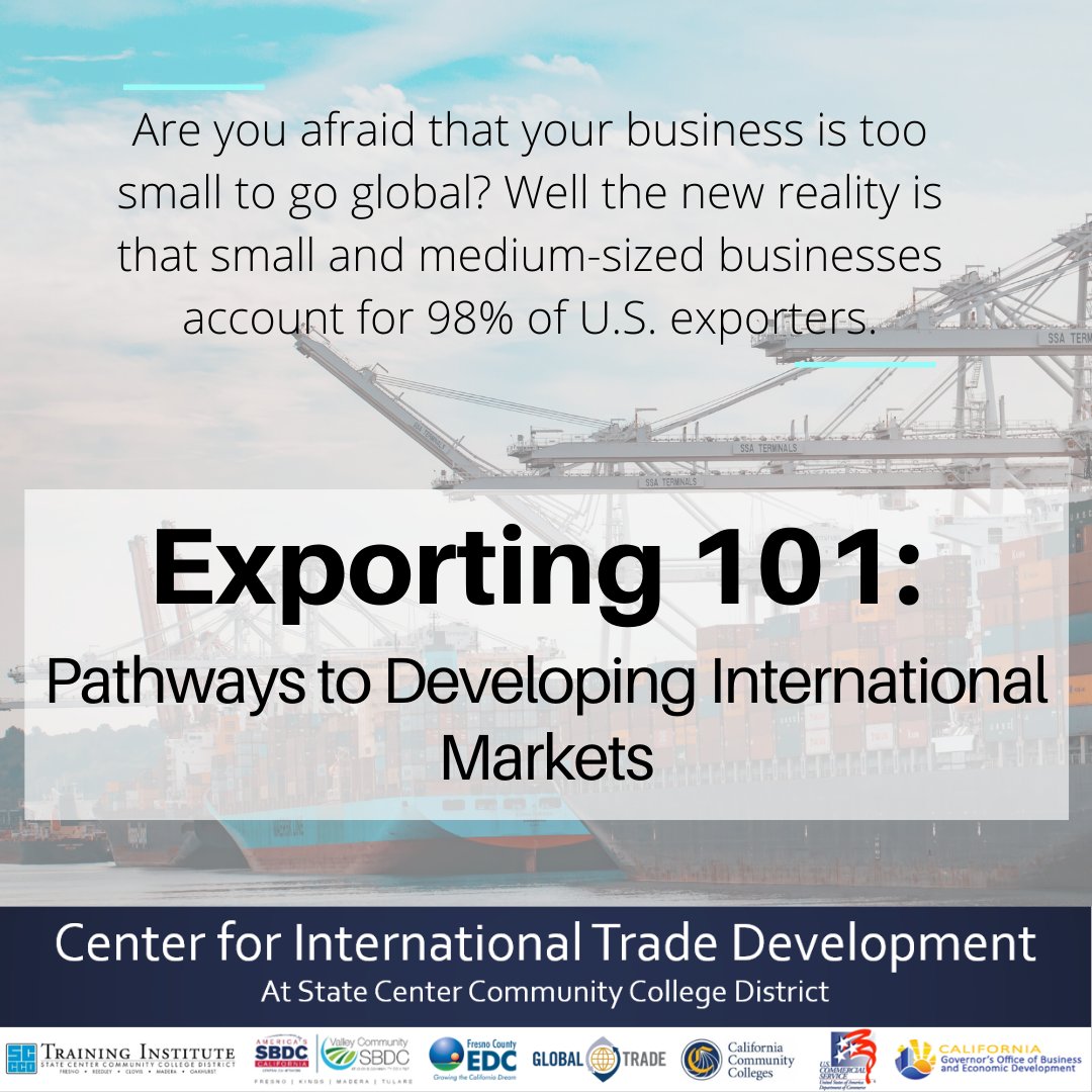 FresnoCitd's tweet photo. There are many resources available to help small businesses start their exporting journey! Start with our Exporting 101 workshop! 
#Fresno #CentralValley #Trade #International #GoGlobal #Exporting
Register now at https://t.co/nb8Z1cvWag https://t.co/Ibf4LikoII