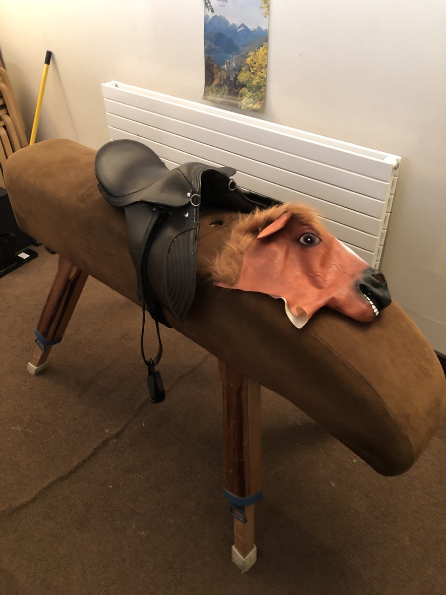 Sala_Sios's tweet photo. Unfortunately I can't bring a real horse to display my product....so I'm going to make a full size horse instead, using a pommel horse, a neck made from recycled styrofoam, a horse mask along with my own gear! @KerrySEP @StudentEntProg @PresCisland #KerrySEA #studententerprise https://t.co/o3iU8FaLug