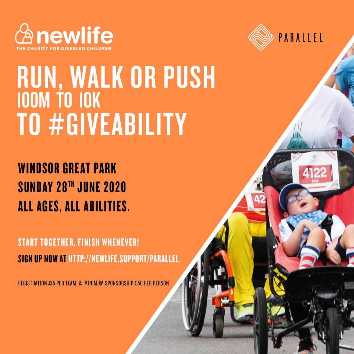 Newlifecharity's tweet photo. Welcoming all ages and abilities, join the Newlife team & take part in this years’ @ParallelGlobal event taking place on 28th June in Windsor Great Park!
Sign up for £15 per team & together we can #giveability to a family with a disabled child!
Sign up: https://t.co/4Y4okB4Rhl https://t.co/n6oHu10s7E