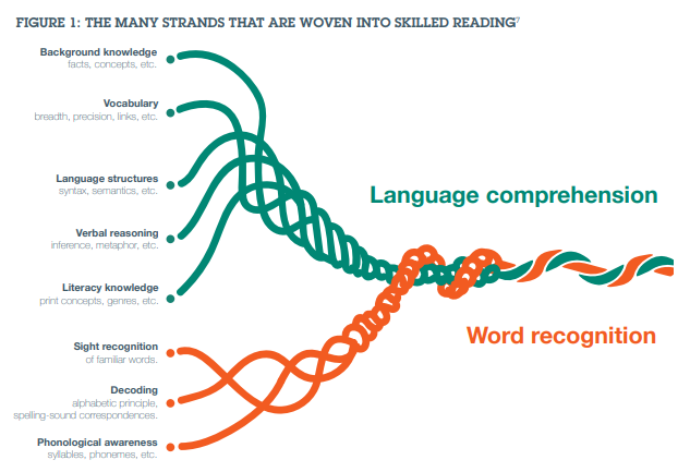 EducEndowFoundn's tweet photo. Scarborough’s Reading Rope - a useful model showing the different strands  pupils need to learn to co-ordinate the different components of reading. It can be used as a diagnostic tool to identify areas to focus effort.

(From 'Improving Literacy in KS2': https://t.co/9osWtDg6Dv) https://t.co/4X4uKdHUBK