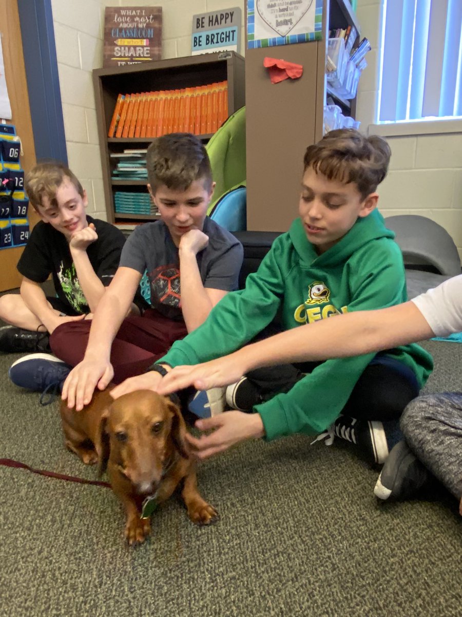 NS_Grade5's tweet photo. Bromley and Mrs. Lovell, a veterinarian, came to interview for our newscast project today. Of course we had to take a few minutes to give some extra pets for this very good dog! https://t.co/0ZCDiPKoE8