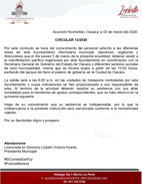 ExpressionOax's tweet photo. Circulan documento del municipio de Nochixtlán en dónde ordenan a personal asistir a la marcha organizada hoy en #Oaxaca. https://t.co/xMtalJpBh8
