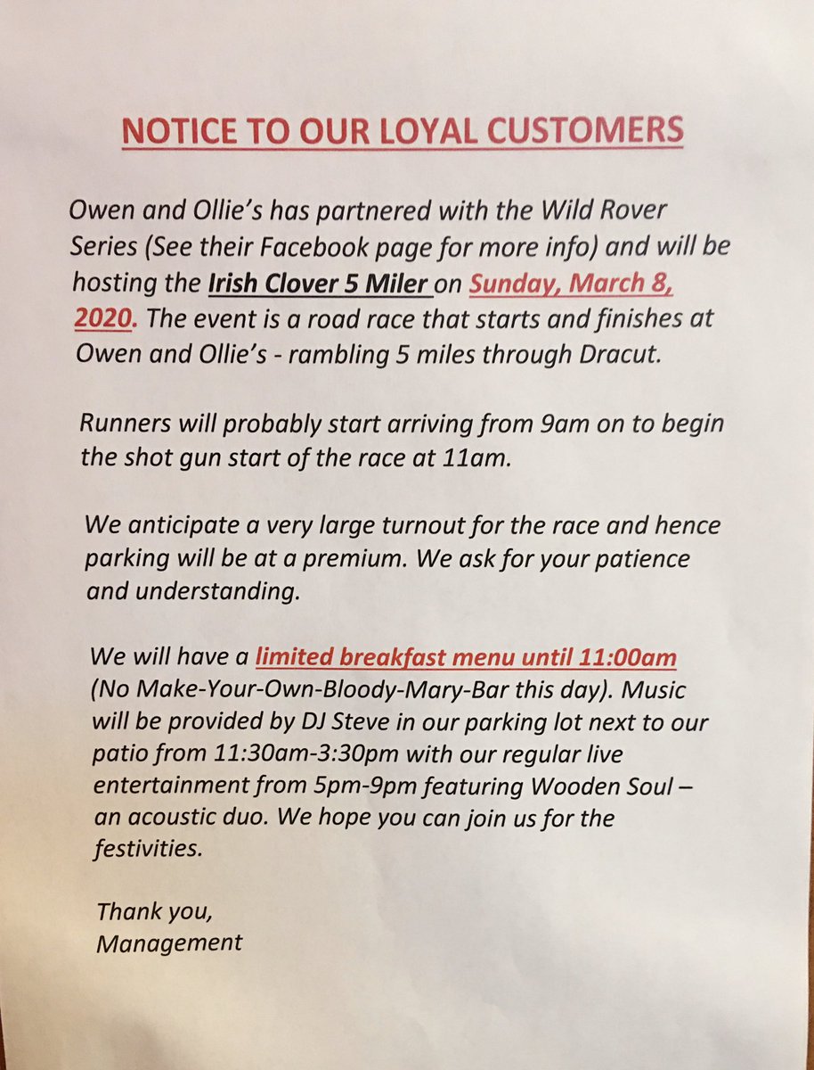 🚨Attention 🚨 We are excited to be partnering with the Wild Rover Series and hosting their Irish Clover 5 Miler this Sunday 🍀 

See below for some details and changes to our menu that day!