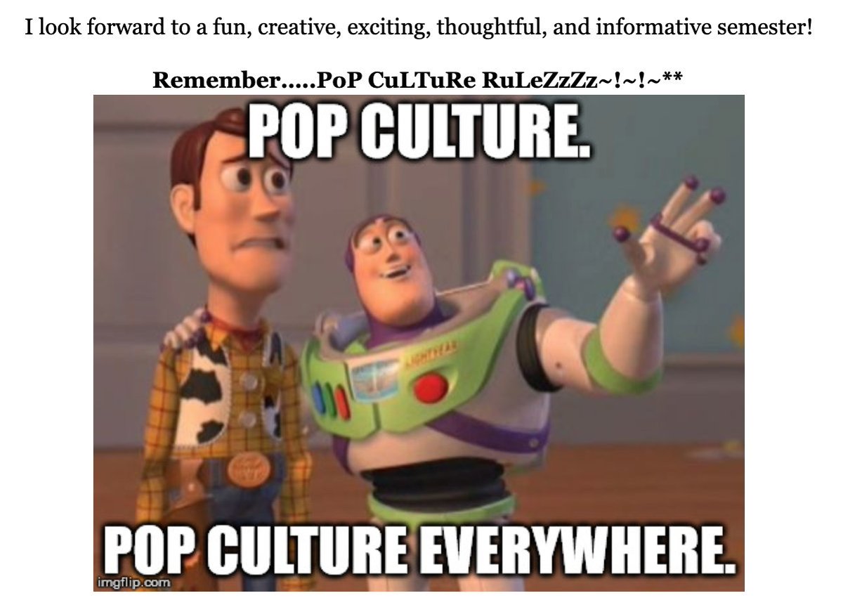 stein_krysten's tweet photo. SUPER excited to teach COMMUNICATION &amp; POPULAR CULTURE again this summer at @CommUC !! Just finished my course prep, syllabus, and assignments. Of course, I had to add this to my syllabus.😂 #popculture #letsgetcritical #AcademicTwitter https://t.co/ul5MG7lTqU