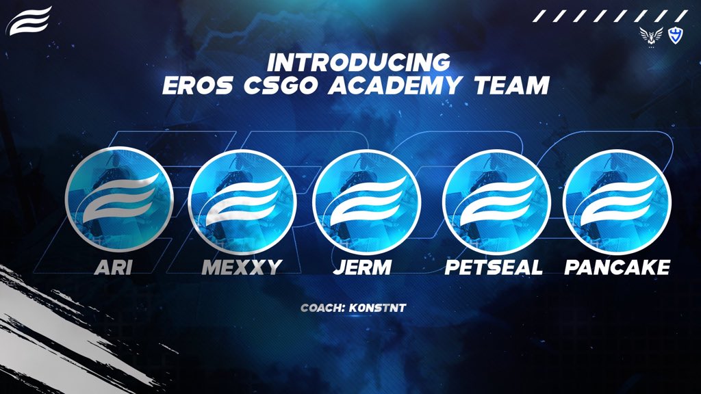 ErosCollective's tweet photo. Introducing our new Eros Academy CSGO Team! Let’s give them a warm welcome to the #ErosFam!

👤@HeyIamAriana
👤@Mexx_Y
👤@Pet_Seal
👤@Pancak3e
👤@pounderfights 
👤@k0nsTNT (coach) https://t.co/knDqUG5tPv