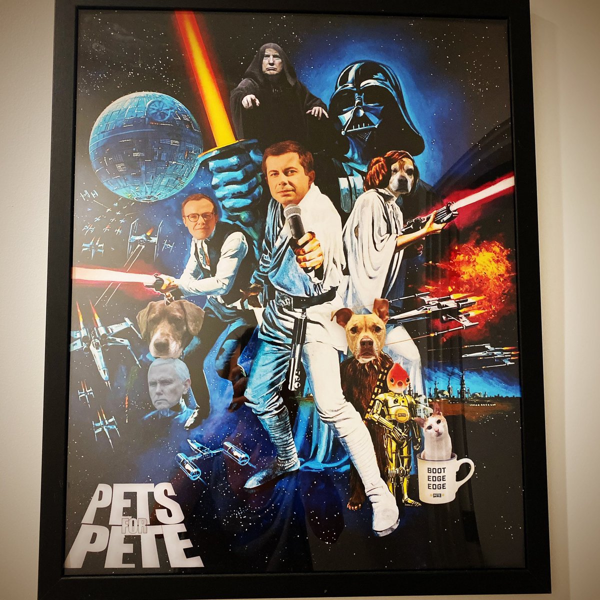 PupsforPete's tweet photo. @PetsForPete @thisizjoey @PeteButtigieg Meanwhile your #petsforpete Instagram should win an award. :) Keeping the art on my wall no matter what. https://t.co/DntA8gJ7JN