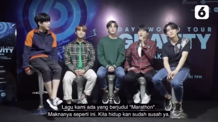 35.Hidup kan udah susah yaSaat interview dgn  http://liputan6.com  Day6 diminta buat ngasih pesan ke Myday Indonesia, Sungjin bilang “Lagu kami ada yang berjudul Marathon, Makanya seperti ini, hidup kan udah susah ya engga papa (hidup) ngga usah buru-buru, pelan-pelan saja.”