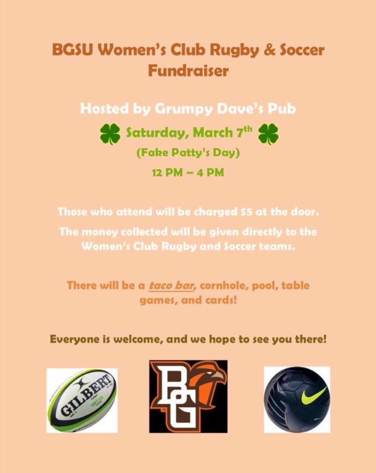 BGWClubSoccer's tweet photo. Need a place to go for fake Patty’s day for a cheap price? Come support your womens rugby and womens club soccer team at grumpy daves. Promise it’ll be a good time https://t.co/UDb5mYzxcL