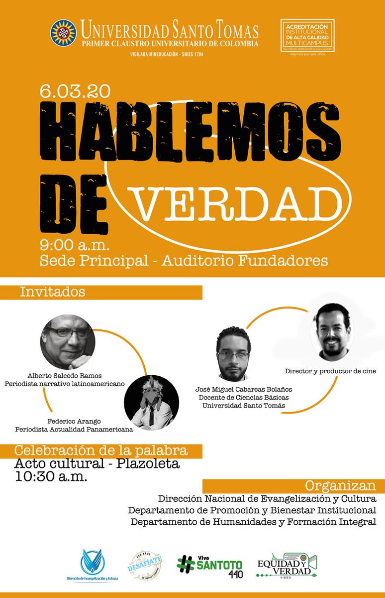 ArteFactoRevist's tweet photo. Mañana #hablemosdeverdad en la Universidad Santo Tomás con invitados de lujo @SalcedoRamos Federico Arango @actualidadpanam Jorge Botero @septimafilms Miguel Cabarcas Invitan @Bienestar_USTA @PastoralUstaBog y #DHFI #vivesantoto440 https://t.co/CocQsMXc7k