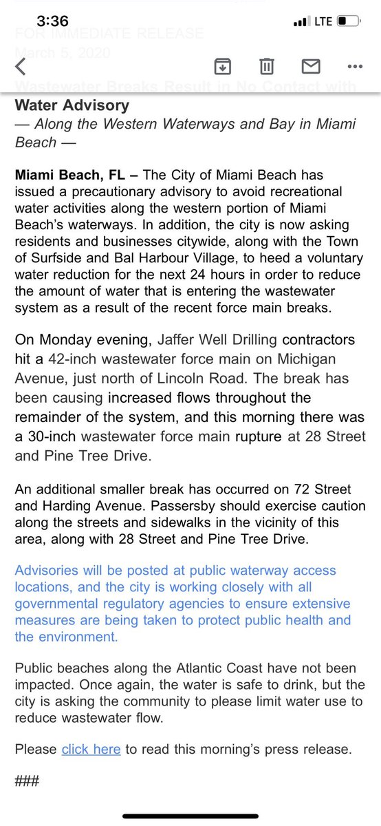 WARNING! MORE S%^T IN THE WATER. There have now been 3 three sewer line breaks this week on South Beach and now Beach residents, Surfside and Bal Harbour are being warned to stay out of some waterways and reduce their water use at home. 
THREAD  #SEWAGESPILL #MiamiBeach