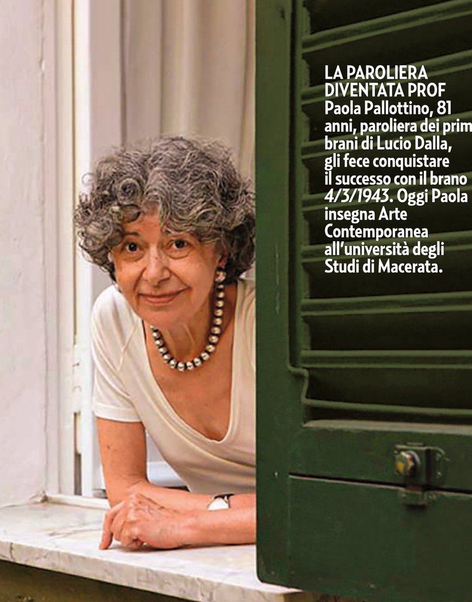 Paola Pallottino, paroliera dei primi brani di #LucioDalla, gli fece conquistare il successo con il brano 4/3/1943. Oggi Paola insegna Arte Contemporanea all'Università degli Studi di #Macerata (<a href="/UniMC/">Università di Macerata</a>).
Intervista da non perdere sul settimanale #Gente, oggi in edicola.
