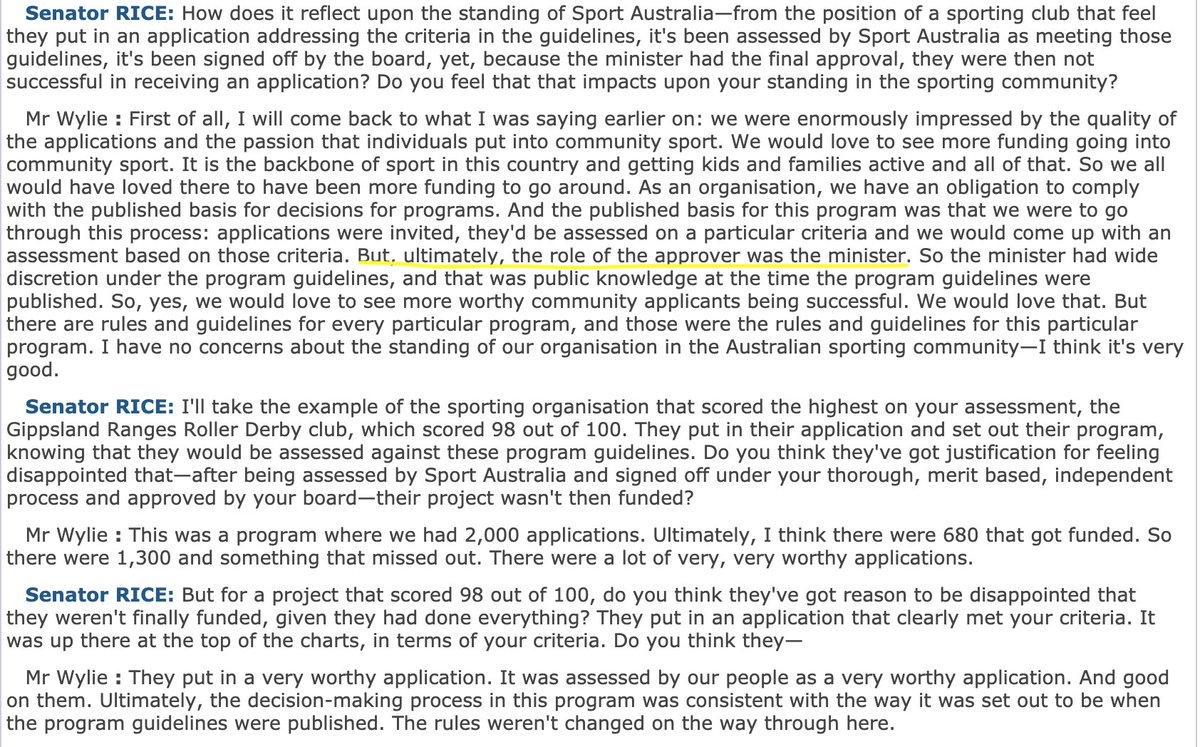“But, ultimately, the role of the approver was the minister.” John Wylie, Chair  @sportaustralia at Senate Committee hearing 27 Feb 20Well it appears not. See comment above by Fmr Minister McKenzie.Then, who signed-off on them? H/t  @denniallen  #sportsrorts  #auspol