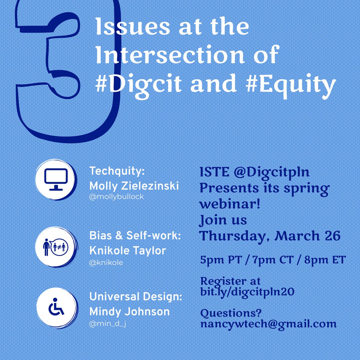 digcitPLN's tweet photo. #Equity is a #digcit issue, y’all! Join @mollybullock @knikole @min_d_j @EdTech_FTW and @NancyWTech on March 26 (5pm PT/7pm CT/8pm ET) for perspectives on the intersections of equity &amp; citizenship. All means all! #udl #ClearTheAir #techquity @iste https://t.co/mNaz0bpy92