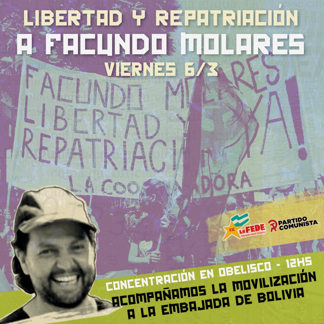 fjcarg's tweet photo. ¡LIBERTAD Y REPATRIACIÓN PARA FACUNDO MORALES! ✊

Mañana a las 12:00 hs nos contramos en el Obelisco y marchamos a la embajada de Bolivia para exigir la libertad y repatriación de Facundo Molares, fotorreportero preso de la dictadura de Bolivia.

#LibertadAFacundoMorales https://t.co/3R4NTFj78Q