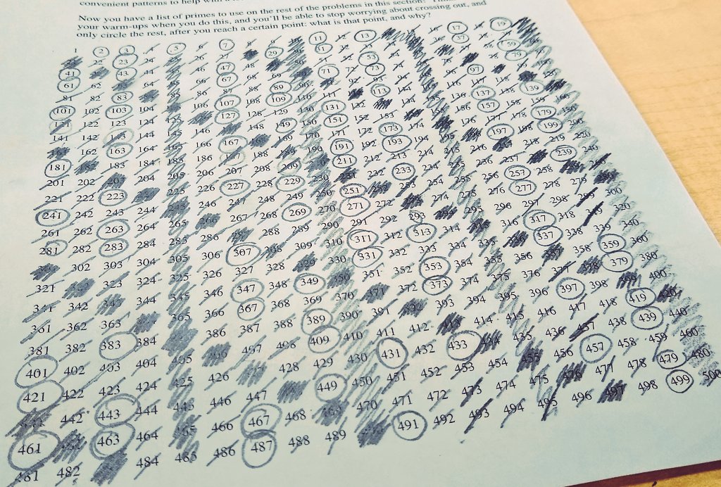 mathequalslove's tweet photo. Sieve of Eratosthenes at Tulsa Math Teachers' Circle. Never worked with a grid that goes up to 500 before! #mtbos #iteachmath #mathteachercircle #mathteacherscircle https://t.co/1ckhp8PZgB
