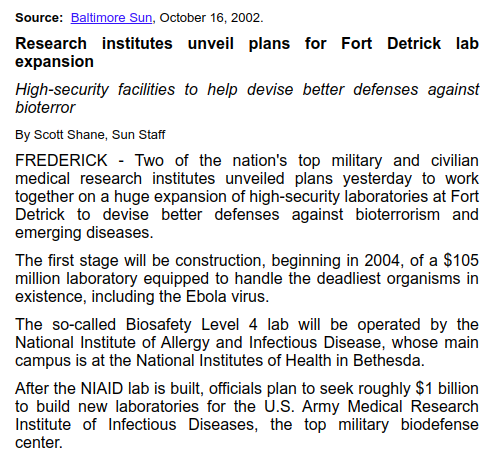 "what remains of its once extensive biological weapons research center in Ft Detrick"as if it hasn't been reconfigured and expanded countless times since Nixon changed its mission statement and very *little* else  https://www.ph.ucla.edu/epi/bioter/fortdetricklabexpansion.html