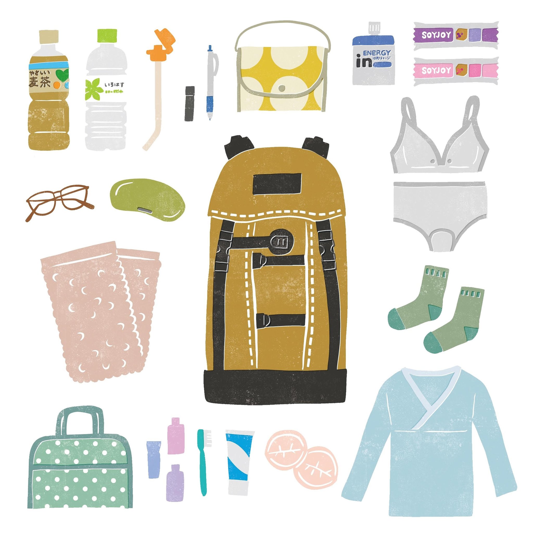Yoiyo Illustration 山登り道具 ではなく わたくしそろそろ臨月が近いので 陣痛 入院グッズをバックパックに詰め込んでみました 1日1絵 イラスト イラストレーター イラストレーターさんと繋がりたい 妊婦 出産準備 陣痛バッグ 入院バッグ