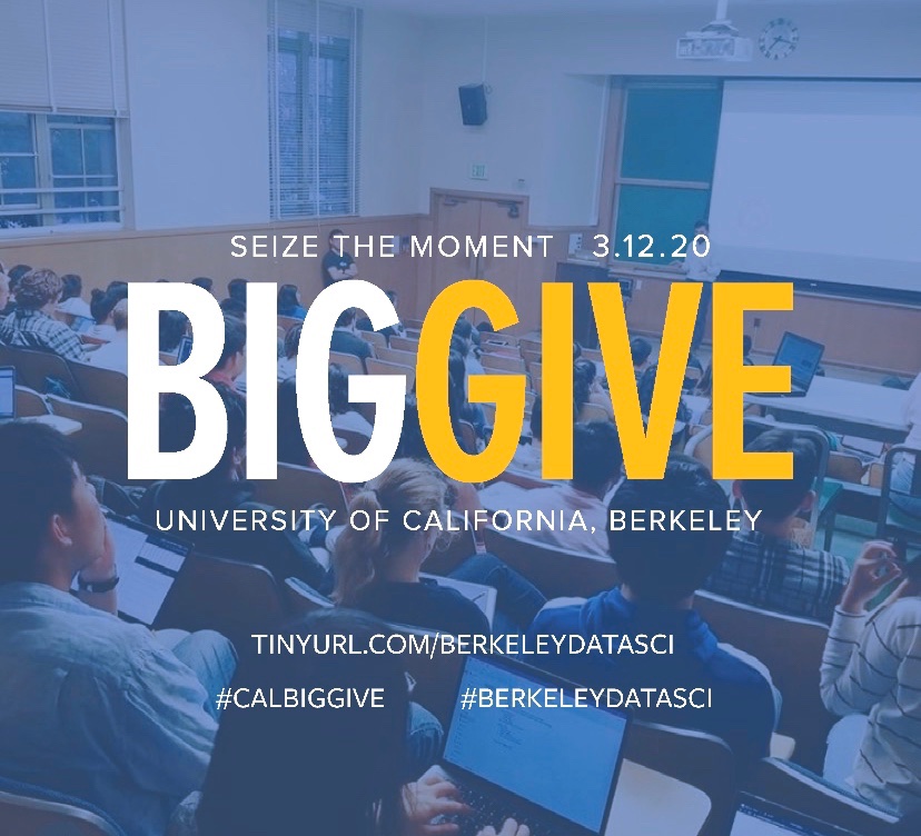 BerkeleyCDSS's tweet image. -#CalBigGive, UC Berkeley’s annual day of giving, is only a week from today! On March 12th, support #berkeleydatasci by donating at tinyurl.com/berkeleydatasci and by sharing what the Berkeley Division of Computing, Data Science, and Society means to you.