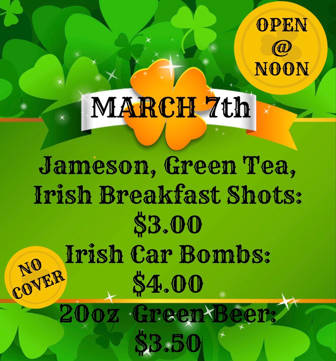 SportsPageWV's tweet photo. ☘️☘️If you haven’t heard, St Paddy’s Day Celebration is THIS SATURDAY, the 7th!☘️☘️

🚨WE OPEN @ NOON! 🚨NO COVER.

💥FOLLOW/RT for a chance to win, 1 of the 4, $25 Gift Certificates we are giving away!💥 https://t.co/quOhTq5apd
