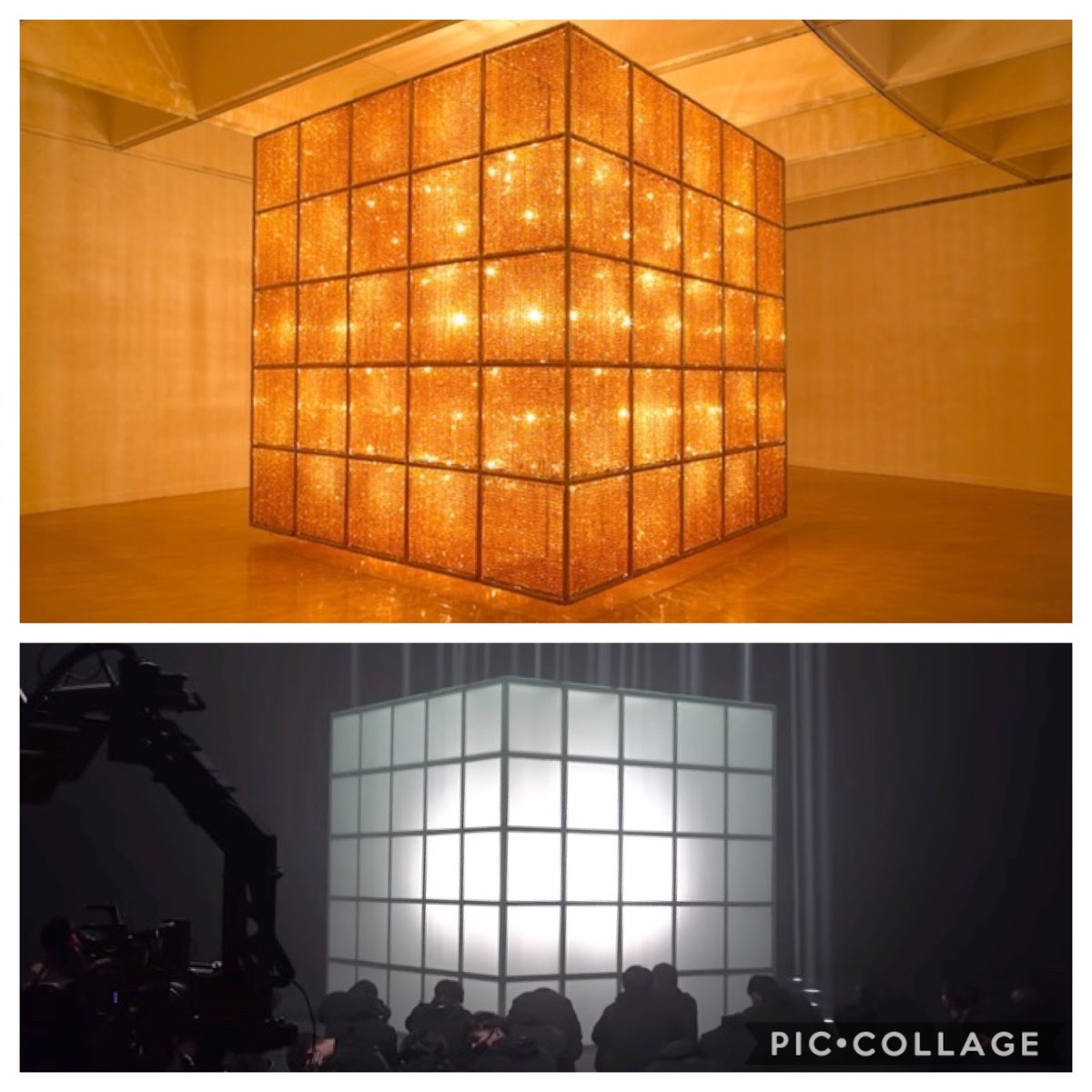 Chinese artist Ai Weiwei created the “Cube Light”, a massive structure which is a chandelier affixed with thousands of crystals illuminated from within. In the artist's words, it is a physical representation of an overabundance of opulence. Suga sings on top of a similar one.