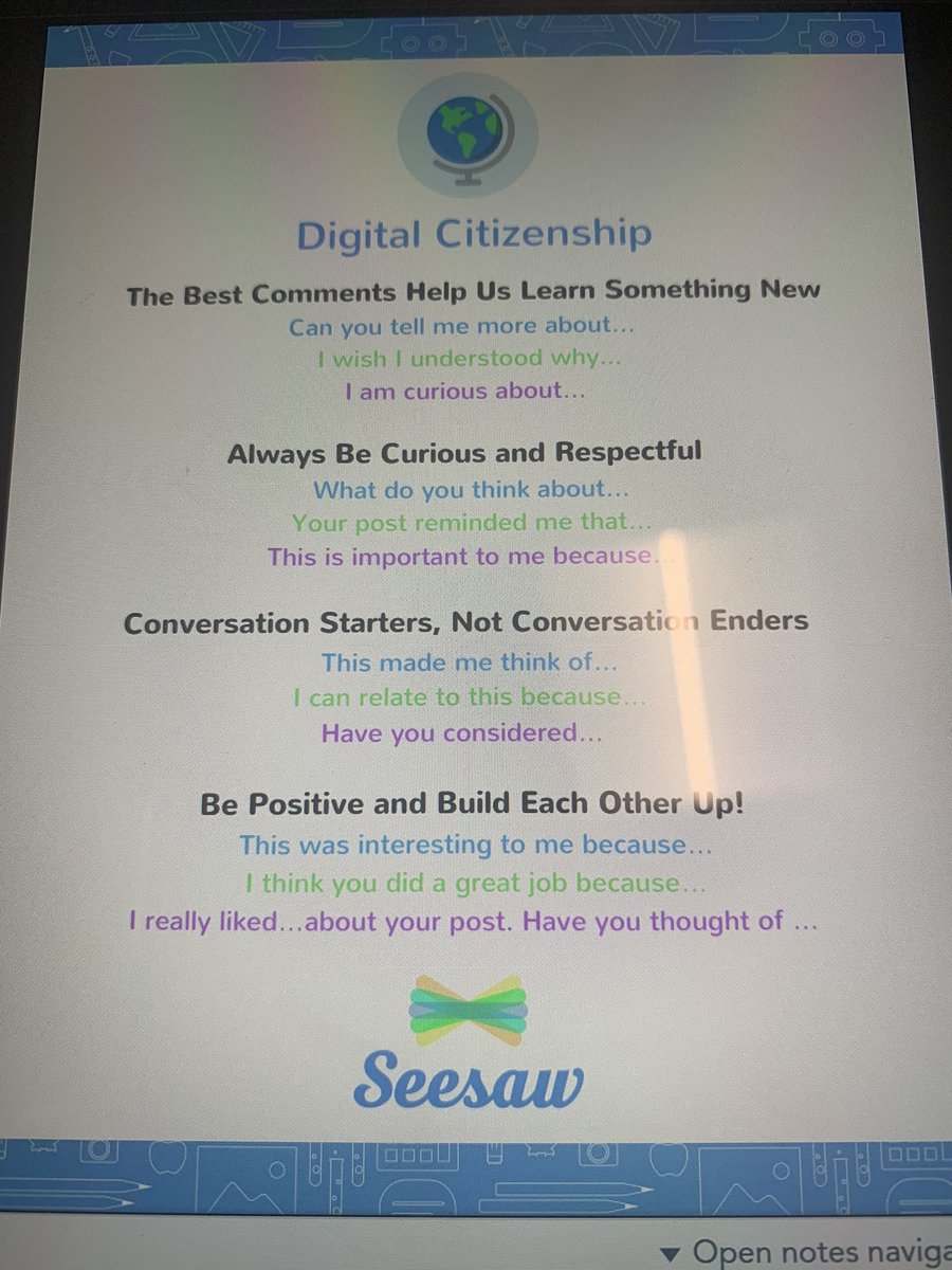 Great conversation starters for littles to teach digital citizenship . From @Seesaw #elem #maceks20