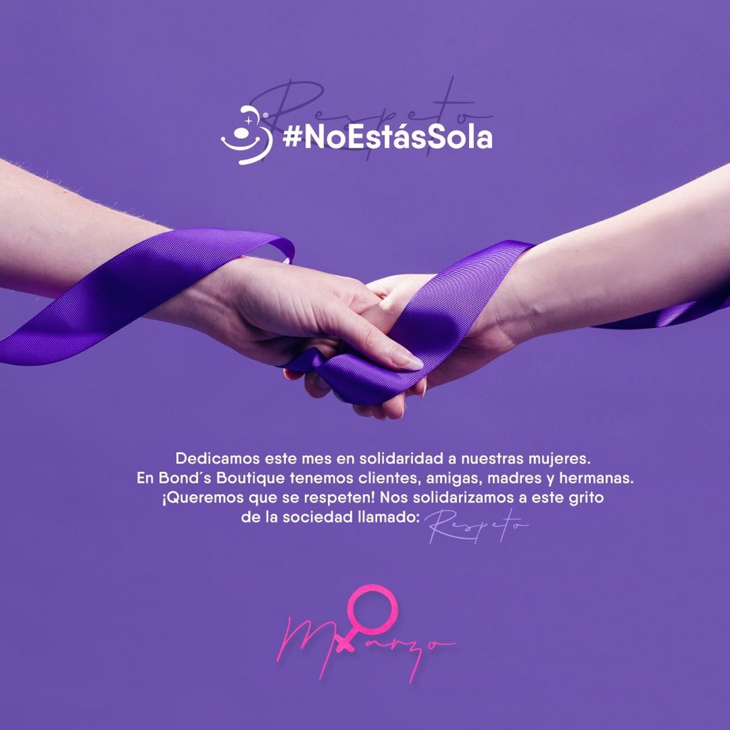 Bondsboutique's tweet photo. Sabemos que en México la conciencia del respeto hacia las mujeres está fracturada, por ello nos solidarizamos dedicando este mes a nuestras mujeres, y al grito de la sociedad llamado: #Respeto #NoEstásSola #NiUnaMás En Bond's Boutique hay un lugar seguro para ti. https://t.co/MJ0s6mMqpV