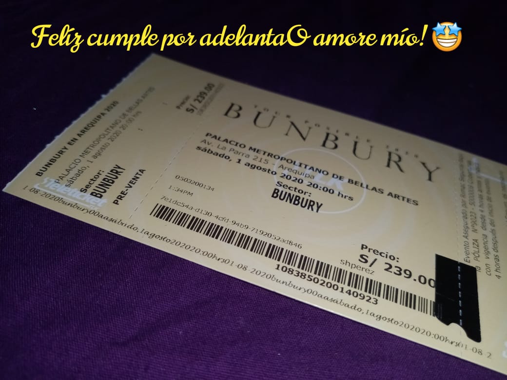 eLescalanteE16's tweet photo. Gracias mi amor x todo lo que me das y haces por fin por fin podremos ver juntos a @bunburyoficial gracias por llegar a nuestra bella #Arequipa #laciudadblanca https://t.co/e4ASmRPM4h