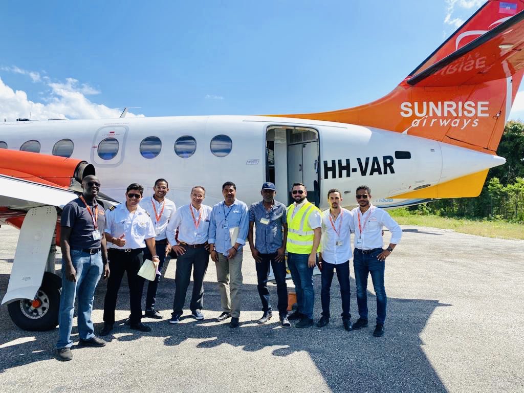 SunriseAirways's tweet image. Our team on a test flight at the Jeremie airport, in the South of Haiti, where the runway has just been re-cemented. #flysunrise #jeremie #haiti #sunriseairways