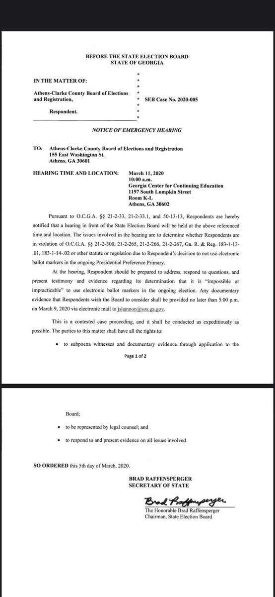 stphnfwlr's tweet photo. NEW: There’s an emergency State Election Board meeting re: Athens-Clarke potentially violating state law by using hand-marked paper ballots instead of the BMDs in the presidential primary. 

Hearing Wednesday, March 11. #gapol 

More on backstory: https://t.co/QGUfexaPEk https://t.co/cZNEvHrssn