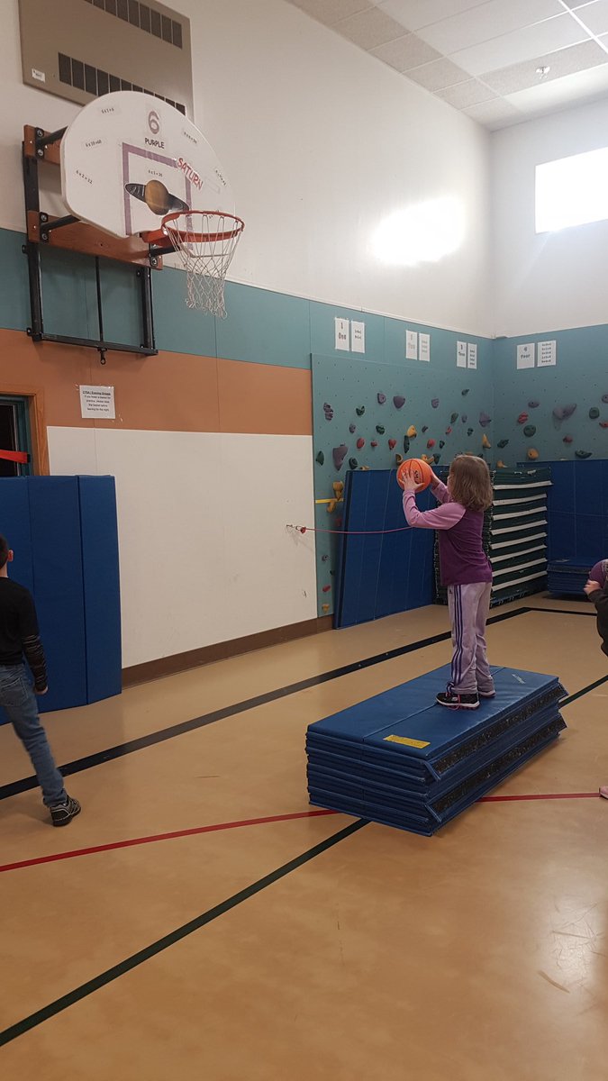 HomesteadPE's tweet photo. I saw this quick adaptation from someone on twitter but cant remember who! Had a few minutes and kids chose to shoot basketballs. Didnt want to take 5minutes cranking the baskets down for the 2nd grade class! Mats worked wonderful. #physed #alaskape #shapealaska https://t.co/m1DQOdxA2p