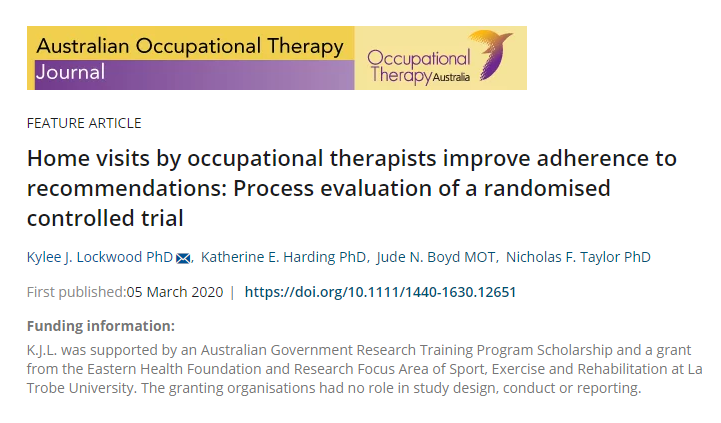 EH_Research's tweet photo. Home visits by occupational therapists improve adherence to discharge recommendations: Kylee Lockwood's paper in Aust OT Journal @BoydJude https://t.co/3HdH73nKs3