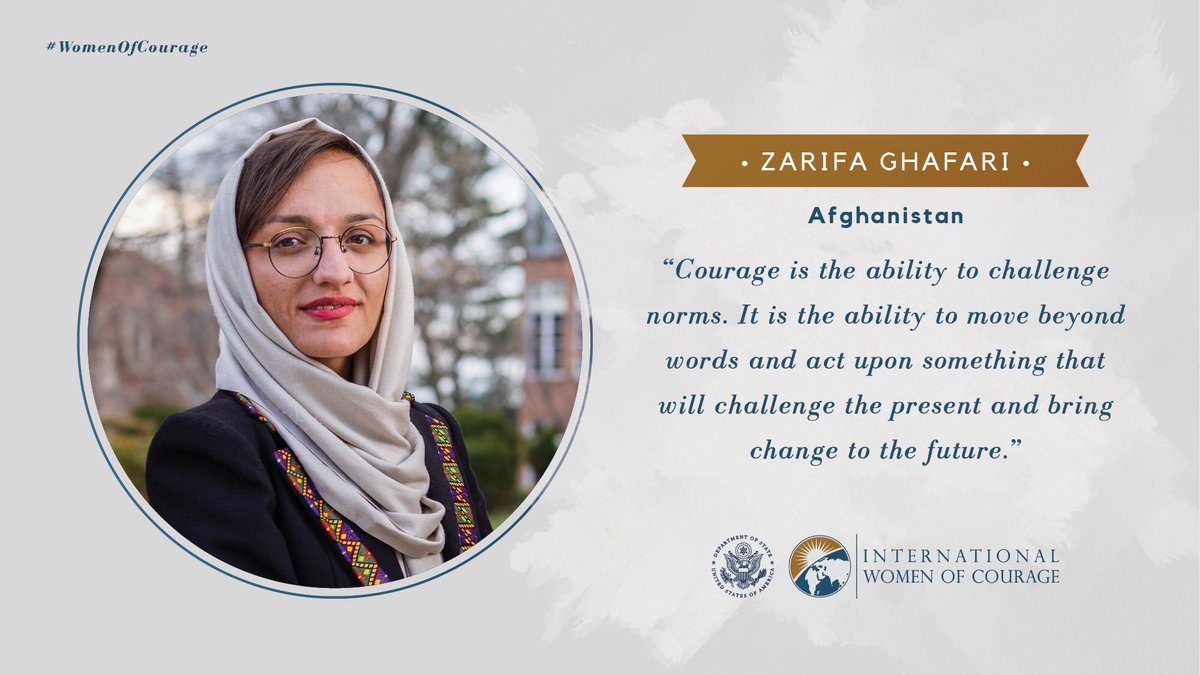 ZavodKROG's tweet photo. We were working in Afghanistan 🇦🇫 on #womenempowerment #childrenrights #cooperationdevelopment #sustainability And today we congratulate 👏👏👏 Zarifa Ghafari recognised as #WomenOfCourage From @u_affairs she is being honored for her #bravery @StateIVLP @USEmbassySLO https://t.co/B6dgY3nsxt
