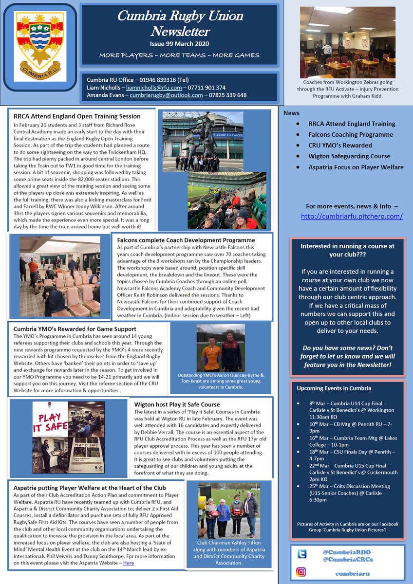 CumbriaRU's tweet image. Please see below the #CumbriaRugby Newsletter for March 2020.

#Issue99 #WhereHasTimeGone

PDF Version with working links will be added to the downloads section of the CRU Website. 

Keep the news coming!