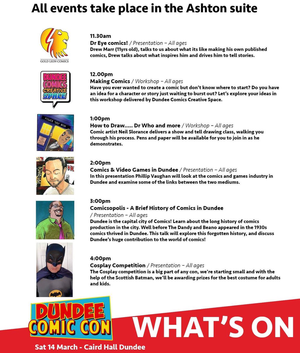 What’s on! All events are first come first served and included within the £3 entry price. Big thanks to <a href="/dundeeuni/">University of Dundee</a> <a href="/DundeeComicsCS/">Dundee Comics Space</a>, Golden Lion comics, <a href="/neilslorance/">Neil Watson-Slorance</a> and #Batman for contributing. #dundee #dundeecity #comiccon 

Tickets available here >>> tinyurl.com/uscfm6t