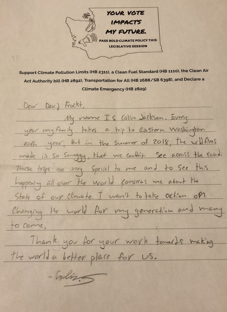 ourclimateus's tweet photo. Yesterday, we collected letters from students ages 15-18 thanking Senator Frockt (@dsfrockt) for leading on climate. Young people know that we cannot wait another year to pass bold climate action. We need #ClimatePollutionLimits and #CleanFuelsNow! https://t.co/fCwrmADf18