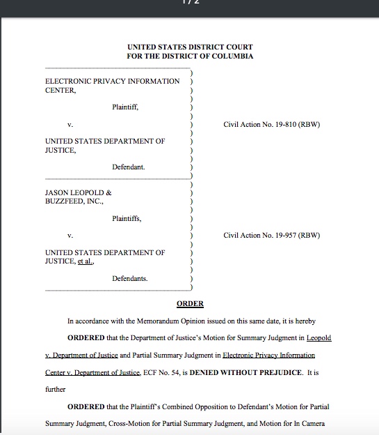 JasonLeopold's tweet image. BREAKING in my/@BuzzFeedNews/@EPICprivacy #FOIA lawsuit to unredact the Mueller report  

Judge Walton just ordered DOJ to turn over an unredacted copy of Mueller report by March 30 so he can review it to determine what can be further released publicly

This is what we hoped for!