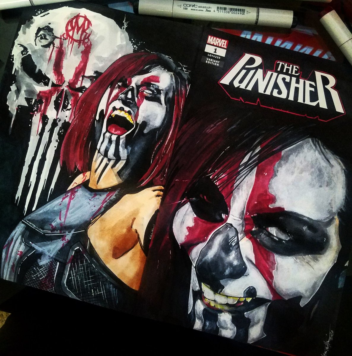 maria_tattoo13's tweet photo. Was gonna wait till later in the month to post this but it's too awesome not to post! Here's what I'm bringing to @WrestleCon to get signed along with my "Undead Exorcist" hoodie! Enjoy this Punisher @WeAreRosemary variant cover I painted! #Punisher #DemonAssassin #VengeanceDemon https://t.co/lxmktooaV8