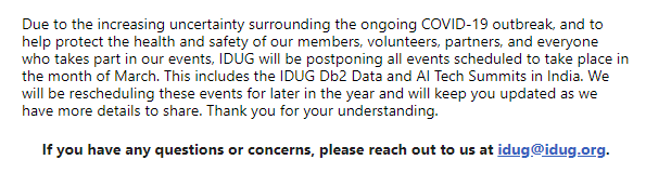 IDUG - The International Db2 Users Group (@idugdb2) on Twitter photo ***EVENT UPDATE***
If you have any questions or concerns, please reach out to us at idug@idug.org. ***EVENT UPDATE***
If you have any questions or concerns, please reach out to us at idug@idug.org.