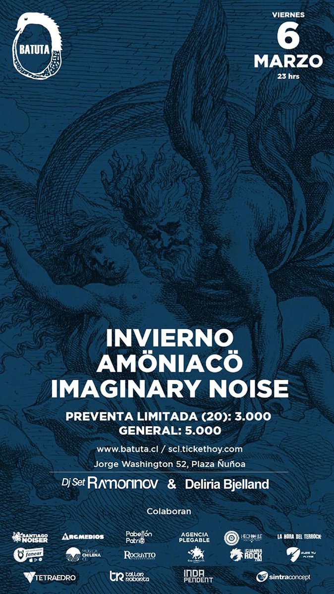 VictorGuarachiL's tweet photo. MAÑANA viernes06 Marzo 11pm
#Live #Bandas
#Invierno
#Amoniaco
#ImaginaryNoise
#DjSet
#DjRamonnov & #DeliriaBjelland en #LaBatuta
#FelizJueves #RedesSociales
#BuenJueves #RRSS
#ArtWork #SintraConcept
#MediaPartner::
#IndaPendent
#Tetraedro
#TallerROBERTA
#Ñuñoa #Santiago #CHILE https://t.co/7CP6lXs2C6