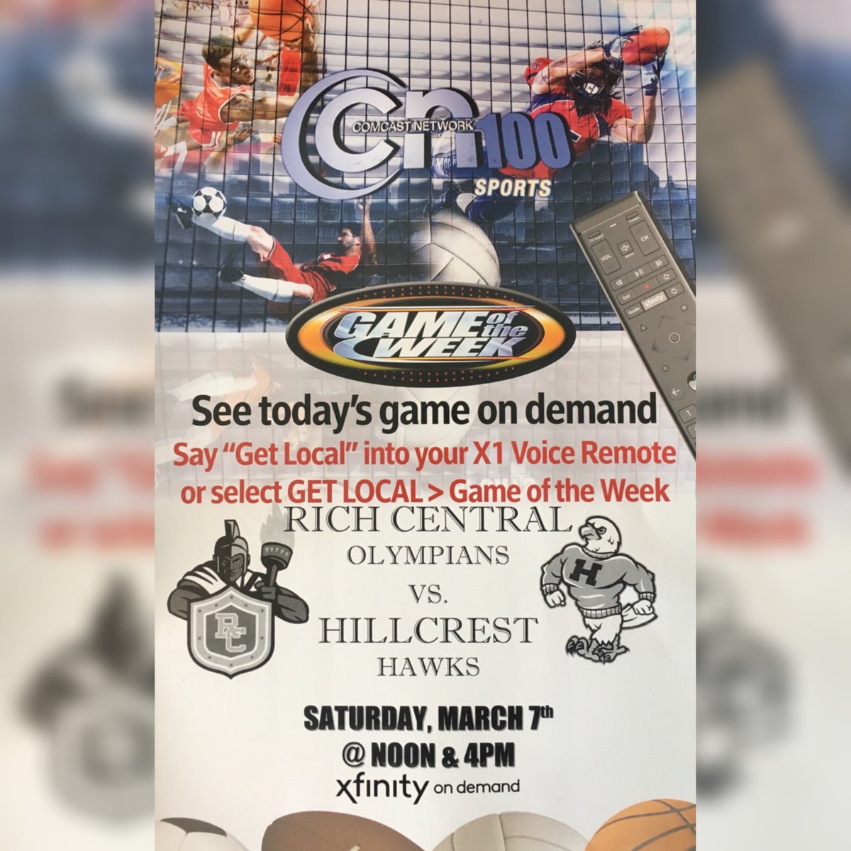 CN100Sports's tweet photo. CN100Sports #GameoftheWeek Hillcrest 3A Regional Championship Rich Central Olympians vs Hillcrest Hawks Boys Bball preview. Stream live @NFHSNetwork Mar 5th at 7pm or replay on replay #ComcastChannel100 #XfinityOnDemand info at https://t.co/OEJKKKhwlB https://t.co/ZThwEABdiG https://t.co/ZuW6eXJswq