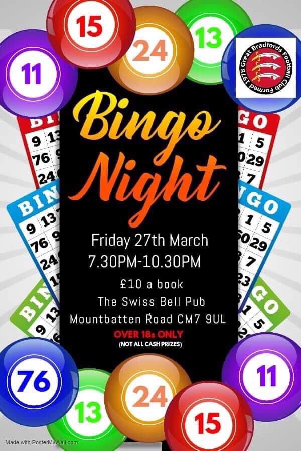 The Swiss Bell - Braintree 

Great Bradfords FC Bingo Night

Raffle 

All Proceeds Raised Go To Great Bradford’s FC 

All Welcome 

#BraintreePub 
#EssexPub