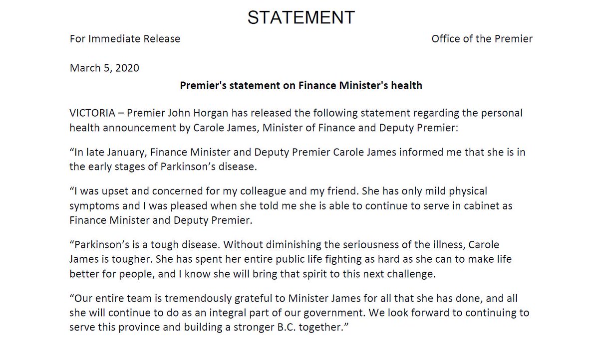 jjhorgan's tweet photo. Parkinson's is tough. Without diminishing the seriousness of the illness, @carolejames is tougher. She has spent her entire public life fighting as hard as she can to make life better for people &amp; I know she'll bring that spirit to this next challenge. https://t.co/xLPXAqmBVD