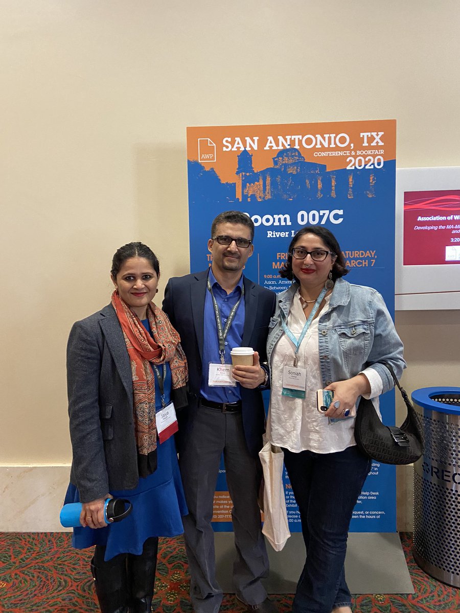 Desisoccermom's tweet photo. Hanging out with @khemaryal and @SoniahKamal at #AWP2020, who graciously invited me to participate in their panel and do a reading. #desiwriter https://t.co/nSEdL7cAsR