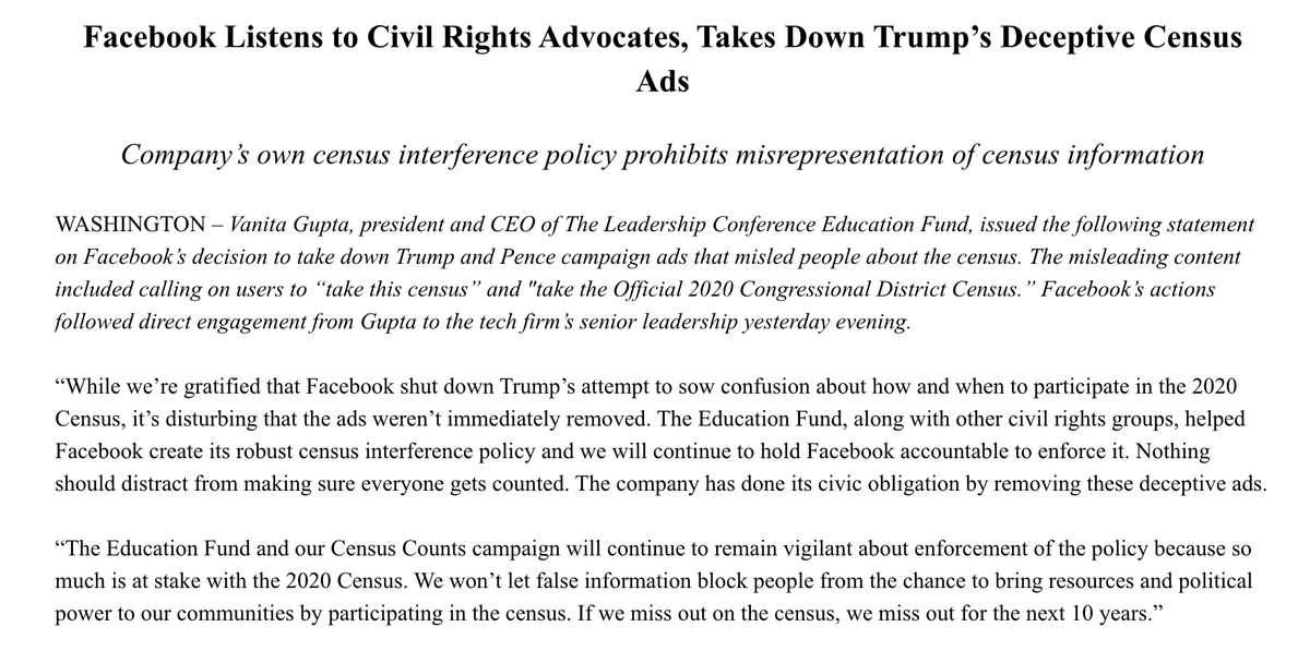 Screenshot of our statement on Facebook's decision to remove Trump's deceptive census ads. The full text can be found at the link in the original tweet.