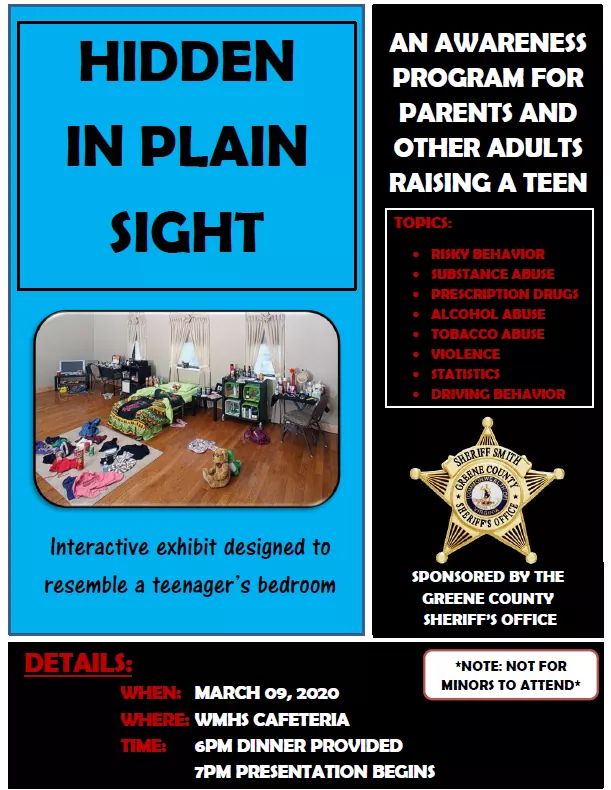 Greene_Schools's tweet photo. Come out on March 9th for Hidden in Plain Sight - An Awareness Program for Parents and Other Adults Raising Teens https://t.co/YMXPQBrvIf