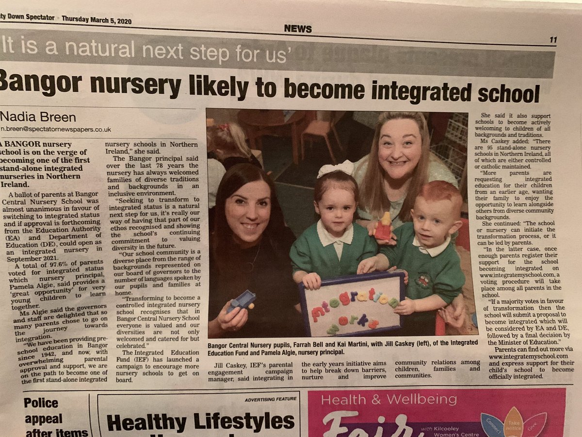 BangorNursery's tweet photo. We made the cover of the Spectator as well as an article on page 11 and the photo of the week! #integrationworks #integratemyschool @IEFNI @niciebelfast @IntegrateMS https://t.co/tLKmcoOwpl