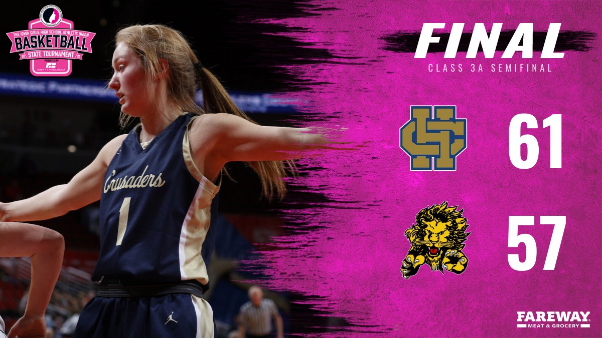 IGHSAU's tweet photo. 3A Semifinal

FINAL SCORE brought to you by
@Fareway_Stores.

Bishop Heelan - 61
Clear Lake - 57

#IGHSAU #IowaGirl #IAHSBKB https://t.co/MxJqNtD0c0